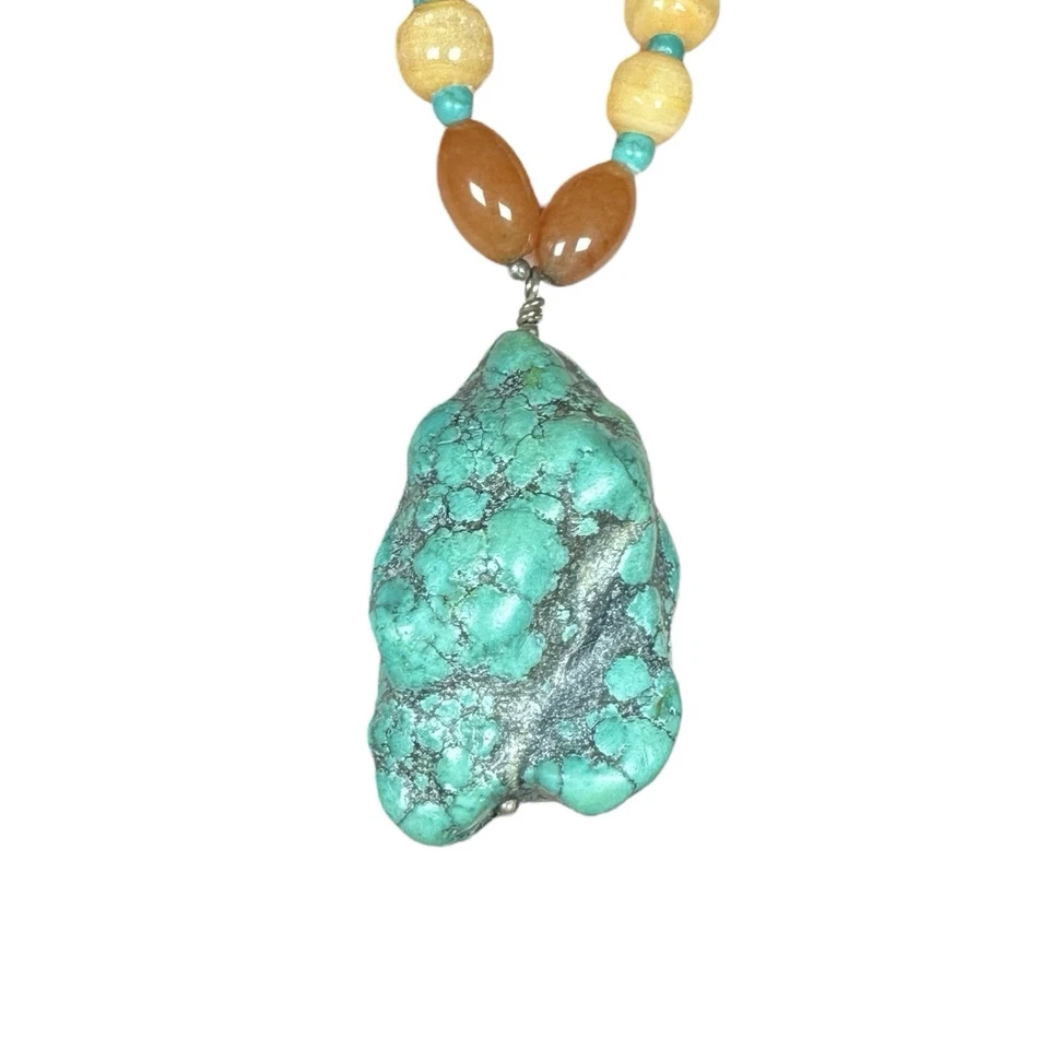 Sterling Silver Giant Turquoise Pendant Carnelian Necklace Peach Coral Stones - Image 4 of 4