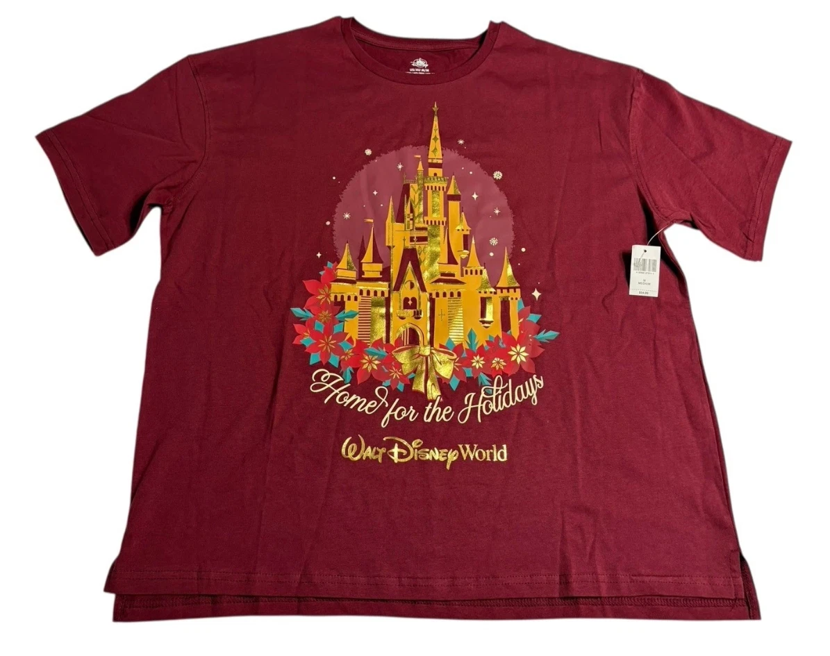 NEW Disney Parks WDW Home For The Holidays Castle T-Shirt Maroon Women's Size M
