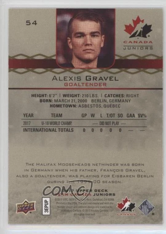 2017 Upper Deck Team Canada Juniors Exclusives Red /199 Alexis Gravel #54 - Image 2 of 2