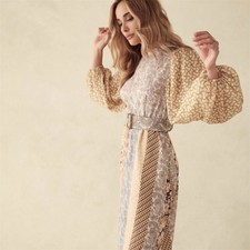 Zimmermann LINEN SPLICED MIDI DRESS AU 3 12-14 US 10 TILED STRIPE Belt Patchwork