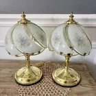 Pair Of Vintage 3-Way Gold Tone Touch Accent Lamp 6 Blue Floral Glass Panels 12”