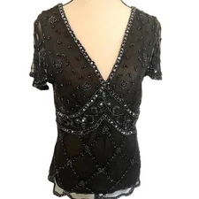 Papell Boutique Evening Black Beaded Sequins V Neck Flutter Sleeve Top XL