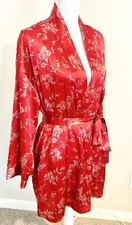 Vintage 90s Victoria’s Secret Short Satin Robe with Pockets Red Floral One Size