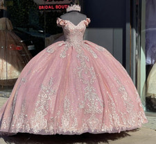 Pink Quinceanera Dresses Glitter Flower Off Shoulder Sweet 16 Prom Ball Gown