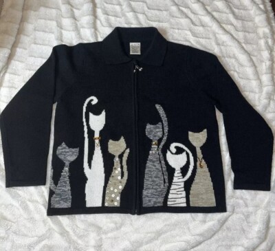 LOVELY! Allison Daley Knit Cardigan Sweater Zip Front Cats Black Long Sleeve PM