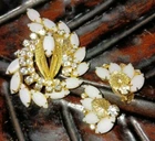 Vintage Gold Tone Brooch And Earrings Milk Glass Marquis Prong Set Unmarked