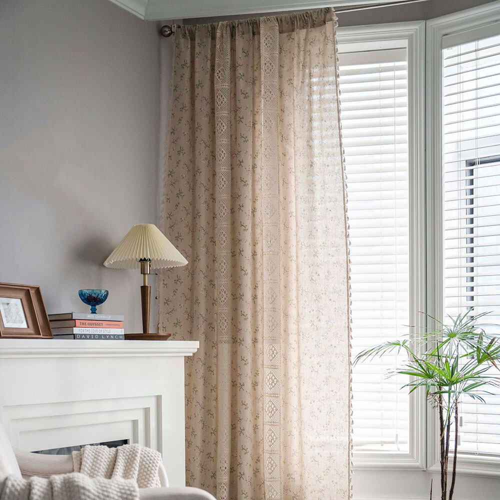 Linen Crochet Boho Floral Curtain Cream Screen Door 300cmx150cm