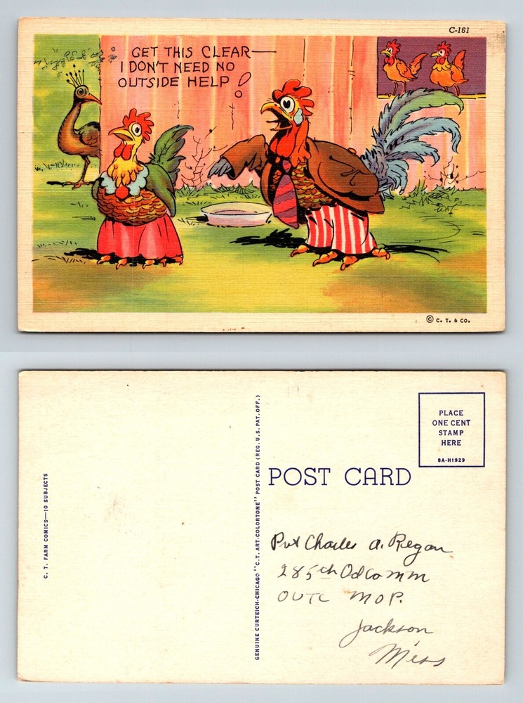 I Don’t Need No Outside Help! Postcard 1938 Teich Rooster Hen Peacock Linen