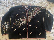 Tiara International Floral Embroidered Beaded Blk Cardigan Button Sweater Sz M-L