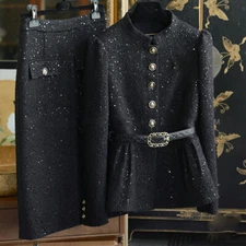 Banquet Party Women Tweed Stand-up Blazer Coat Bodycon Skirt Suits Formal Set Sz