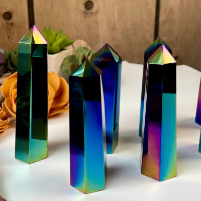 Titanium Rainbow Aura Quartz Crystal Obelisk Wand – 7~8cm Reiki Healing Tower