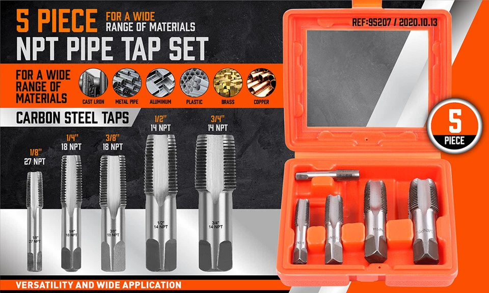 5 Pcs NPT Pipe Tap Set 1/8" 1/4" 3/8" 1/2" and 3/4" With Case Carbon Steel Inch - Image 2 of 4
