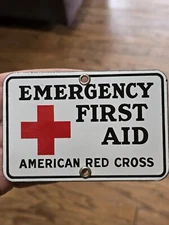 NOS Vintage Porcelain American Red Cross Emergency First Aid Sign