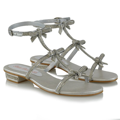 Womens Flat Strappy Sandals Diamante Ladies Party Sparkly Silver Heel Shoes  Size | eBay