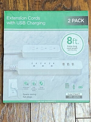 Jasco Extension Cords With USB Charging 2 Pack - 8 Feet Flat Cord- NEW