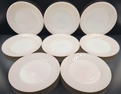 8 Fire King Swirl Pink Salad Plate Set Vintage Anchor Hocking Dishes MCM USA Lot