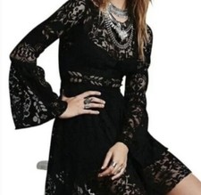 Free People Lace Folk Song black, festival, fit & flare, bell sleeves, boho - 0