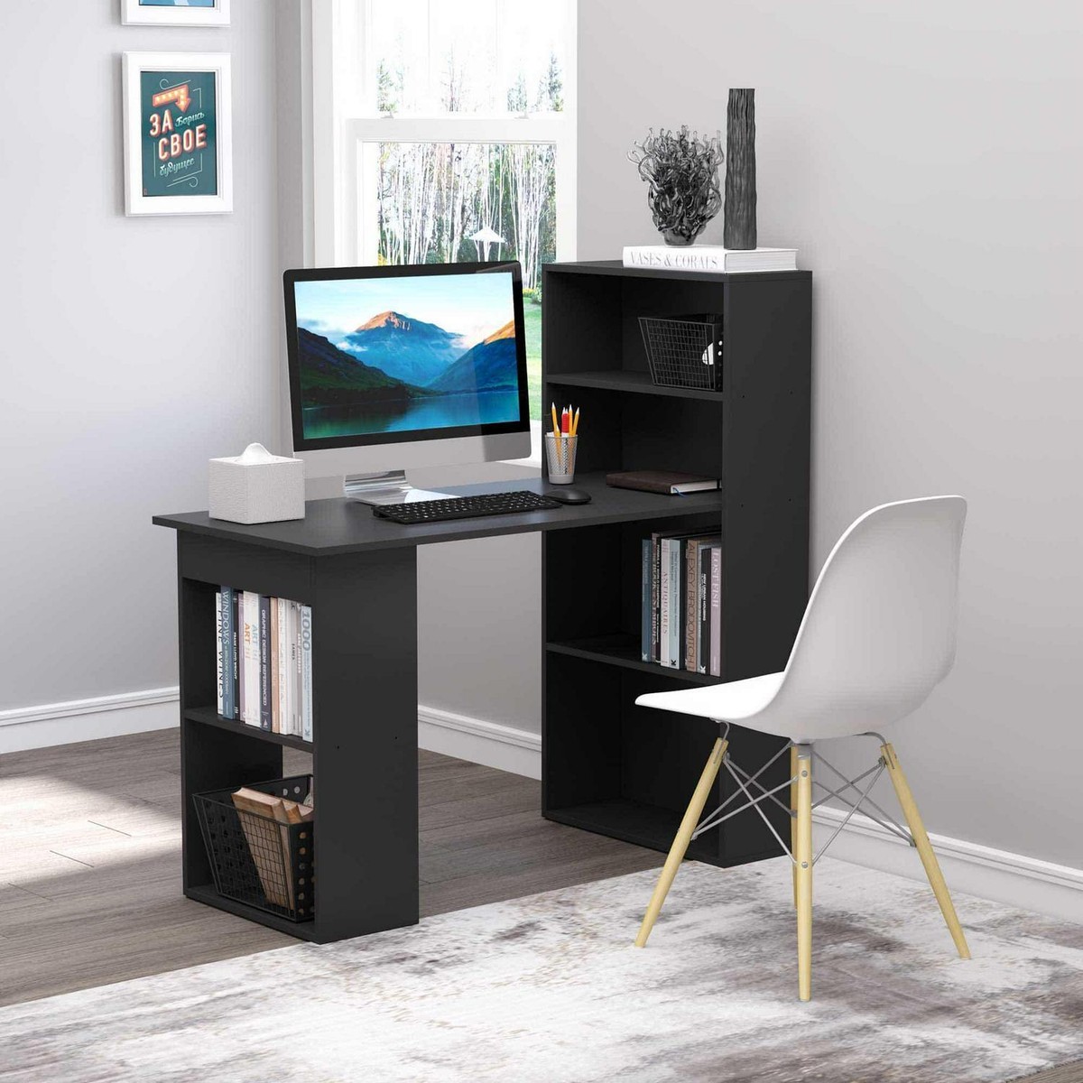Compact Computer Desk Combo Writing Table 6-Tier Storage Shelves