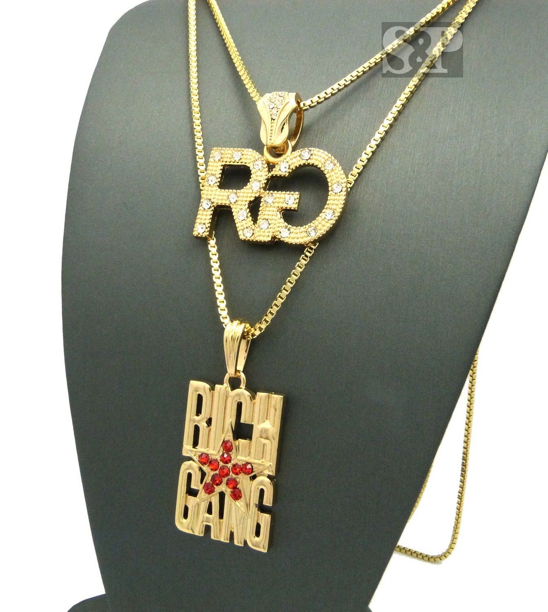 Men Gold PT Hip Hop Iced Star Rich Gang RG Pendant Box Chain