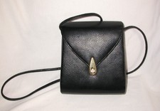Vintage And  Handbag Black Leather Embossed Small 6x7  Long Strap Retro Glamour
