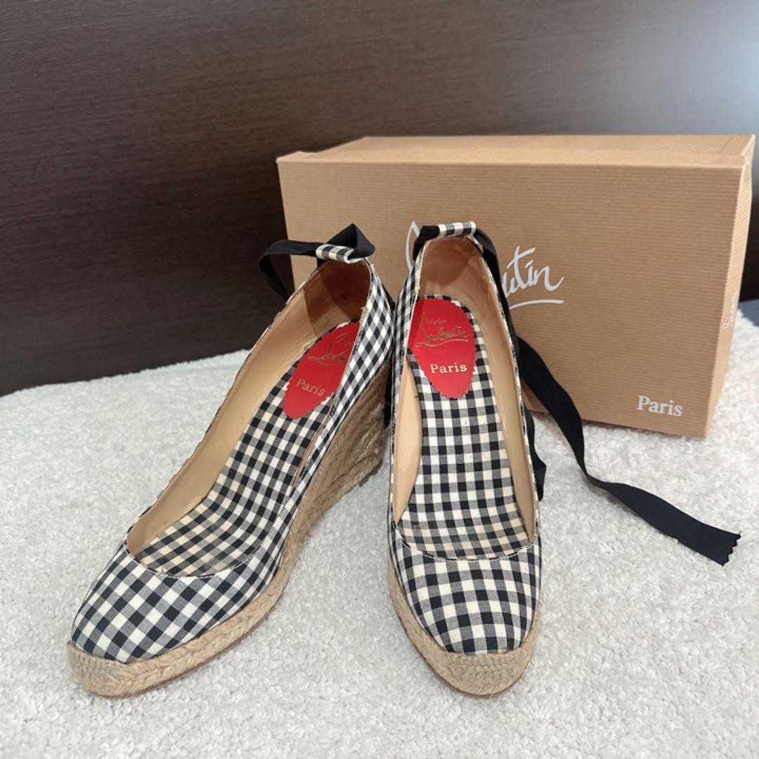 Christian Louboutin Gingham Check Wedge Sandals with Lace-Up