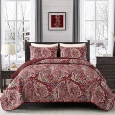 Paisley Quilt Set Boho Bedspread 3 Pieces, Soft California King Red