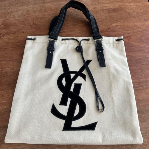 Yves Saint Laurent Tote Bag Handbag Canvas Ivory Logo embroidery Condition Used