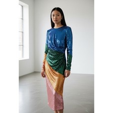 Dress the Population Sequin Color Block Long Sleeve Midi Sheath Dress XS NWOT