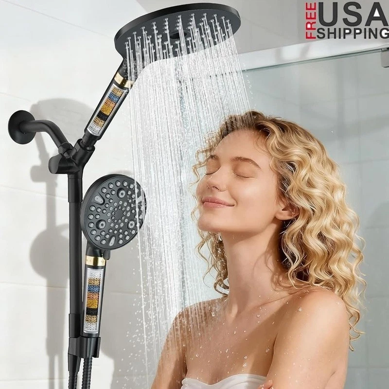 Dual Shower Heads Rainfall Filtered Handheld 8-Stage Water Filtration Hose New