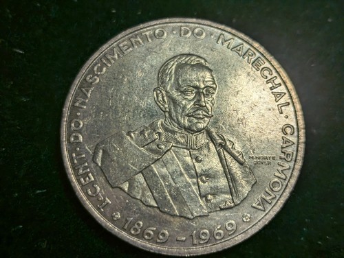 1969 Portugal 50 Escudos, 100th Anniv. Geburt Carmona, Silber UNC Münze KM#599 - Bild 1 von 2