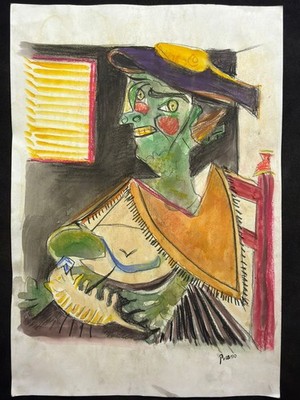 Pablo Picasso drawing and painting on old paper signed stamped vintage