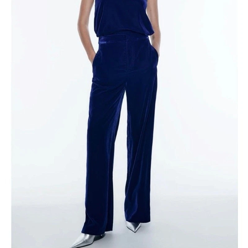 Pantalones Zara Azul Terciopelo Terciopelo Cintura Alta Ancho Acampanado Pierna Cortos al Tobillo Pantalones S Foto 2 de 4