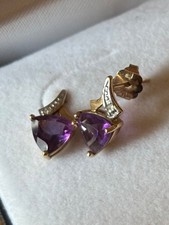 10k Gold and amethyst stud earrings with diamond in original gift box