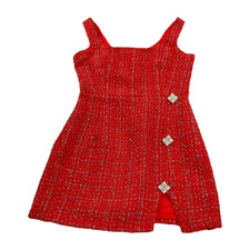 Cider Women Sundress Size XS Red Tweed Gold Metallic Jeweled Buttons Side Zip