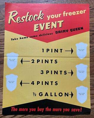 Vintage 1956 Dairy Queen Store POS Advertising Sign Poster RESTOCK YOUR FREEZER