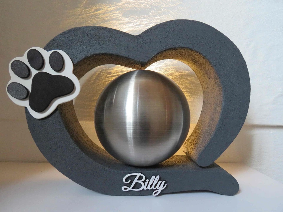 Tierurne Urne bis 35 kg Herz LED Hund Katze Kugel Holz Beton Optik schwarz Neu - Bild 1 von 4