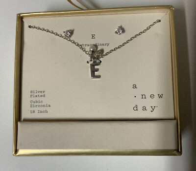 🧷 A NEW DAY SILVER PLATED, CUBIC ZIRCONIA CHARM NECKLACE W/EARRINGS “E” 🆕 