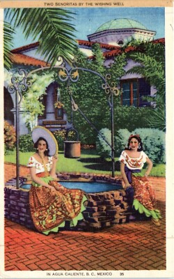 MEXICO 1940s BEAUTIFUL WOMAN SENORITAS AGUA CALIENTE BC MEXICO LINEN POSTCARD G4