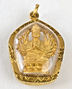 Authentic Thousand Hand Buddha Gold Plated Double Sided Asian Encased Pendant 1.5" x 1.25"