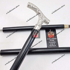 Silver Brass Derby Handle Vintage Men's Walking Cane Wooden Stick Halloween Gif