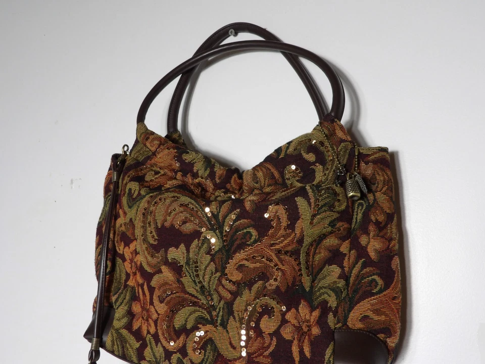Paradox Tapestry Purse Shoulder Bag Brown Floral Sequins Woven Double Handle - Image 2 of 4