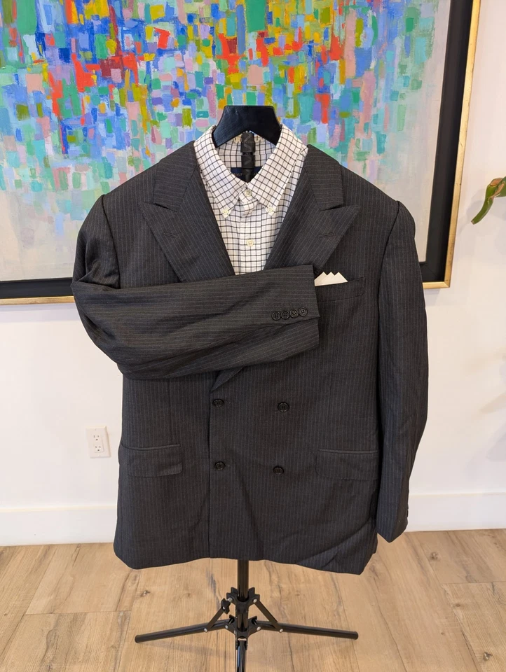 Traje Canali Milano Doble Pecho Hombre 44R 36x28 Negro Lana a Rayas 2 Piezas Foto 2 de 4