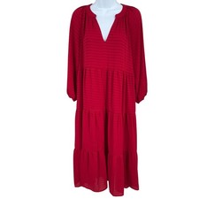 Entro Tiered Midi Dress Womens Sz S Red Boho Textured Balloon Sleeve Cottagecore
