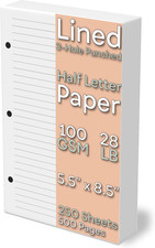Half Letter Lined Paper, 3-Hole Punched, 250 Sheets/500 Pages, 100 GSM, Line Pap