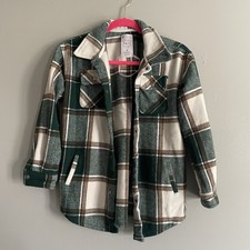 Fornia Kids Shacket Green Plaid Large/12 Snap Front Shirt Jacket Fleece