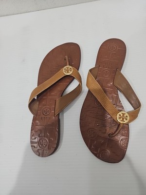 Tory Burch Thora Thong Sandals Women 8M Tan Leather Gold Medallion | Luxury