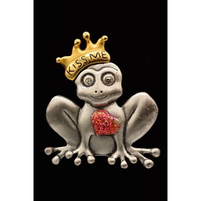 Vintage Frog Prince Pin Brooch Kiss Me Crown Glitter Heart Silver Gold 90s Bin5B