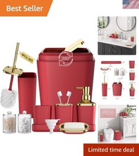 Dark Red Bathroom Accessory Set, 9-Piece Burgundy Bathroom Set with Trash Can...