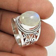 925 Solid Silver Crown Chakra Rainbow Moonstone Stone Ethnic Band Ring Size 8