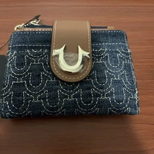 True Religion Wallet Blue Denim Cardholder Snap Stitched Horseshoe Logo NWT